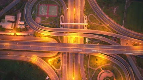 4K : Hyperlapse or Dronelapse Top view of Highway road junctions Stock Footage 170996537