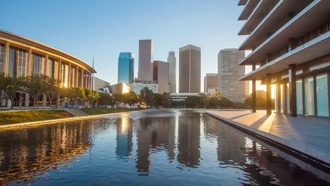 4K Hyperlapse (timelapse in motion) of Los Angeles skyline at sunset Stock Footage 72686857