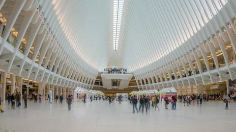 4k hyperlapse video of commuters at the World Trade Center Transportation Hub Stock Footage 91046378