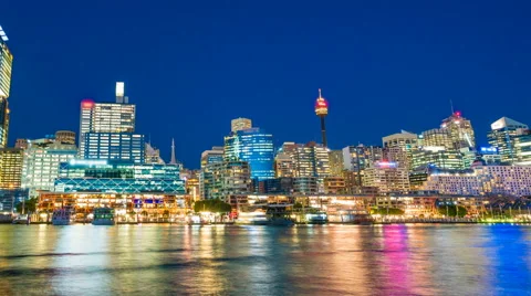 4k hyperlapse video of Darling Harbour of Sydney from day to night Video stock 66952589