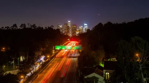 4K hyperlapse view of 110 freeway and downntown in Los Angeles at night Video stock 88933711