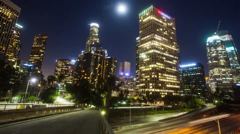 4K Hyperlapse view of Downtown, Los Angeles at night Stock Footage 65219915