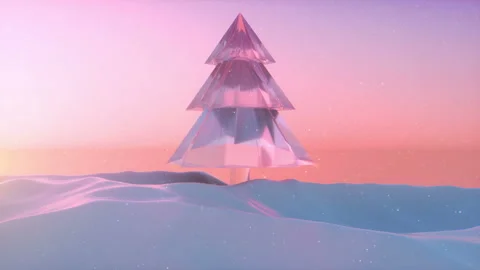 4k Ice xmas tree. Winter sunset sky background. 3D Animation. Snowfall. Stock Footage 141560536