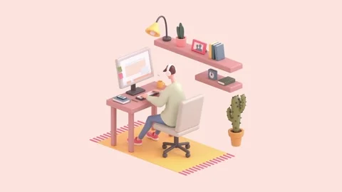4K Illustration Young Man Using Computer and Headphones Home Desk Stock Footage 330479711