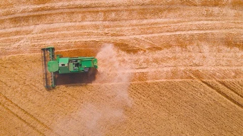 4K impressive flight over a working combine harvesting tons of ripe barley Stock Footage 126655280