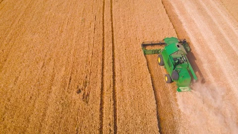 4K impressive flight over a working combine harvesting tons of ripe barley Stock Footage 126655725