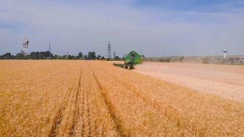 4K impressive flight over a working combine harvesting tons of ripe barley Stock Footage 126655927