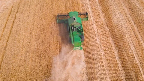 4K impressive flight over a working combine harvesting tons of ripe barley Stock Footage 126656895