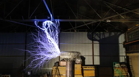 4K Indoor Lightning from a Tesla COil | Stock Video | Pond5