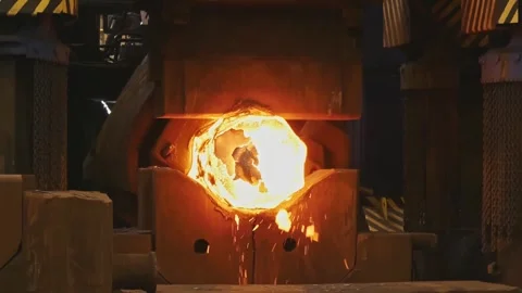4K Industrial Hot Forging Process Heated Metal Billet Mechanical Press Stock Footage 330479815