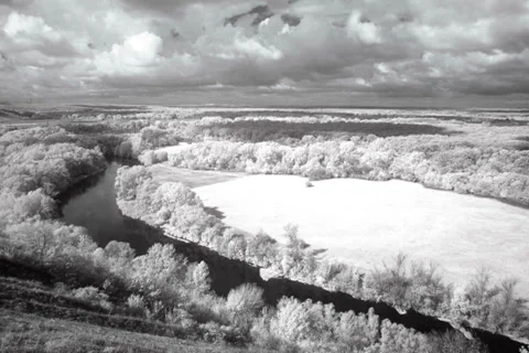 4K. InfraRed landscape: Movement of clouds over the river Seversky Donets. FULL  Stock Footage 31647086