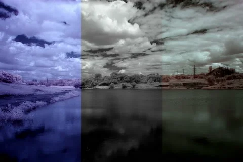 4K. InfraRed landscape: Movement of clouds over the reservoir.  Stock Footage 40179058