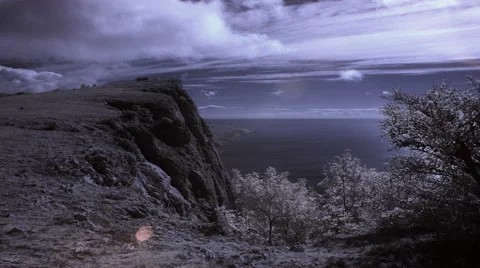 4K. InfraRed landscape: Movement of the clouds on the mountain. Crimea, Russia Stock Footage 57315625