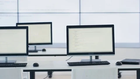 4K Interior of empty classroom with computers, &amp; text written on video screen Stock Footage 73190885