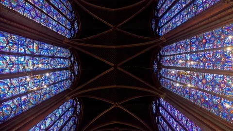 4K Interior famous Saint Chapelle, details of beautiful glass mosaic windows-Dan Stock Footage 106907783