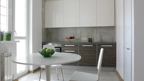 4K. Interior of modern kitchen in scandinavian style. Motion view. Stock Footage 73580507