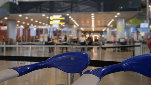 4k interior selective focus static shot of a security checkpoint in an airport Stock Footage 123791367