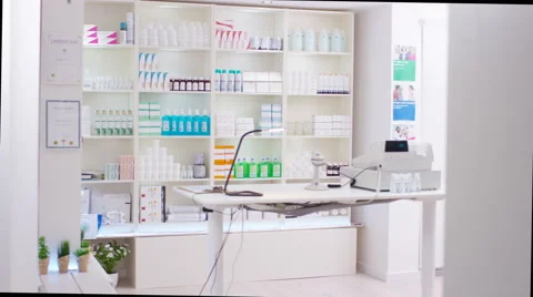 4K Interior view of a modern chemist shop. No people. Stock Footage