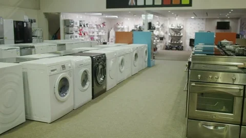 4K Interior of white goods and electronics appliance store showroom. No people. Stock Footage 70692583