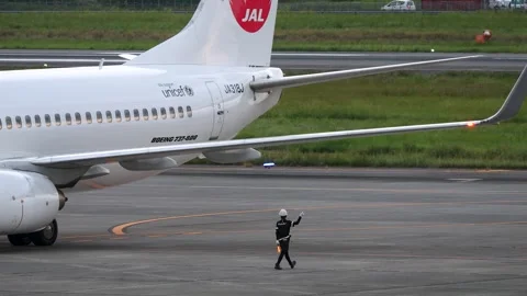 4K JAL Boeing 737-800 JA318J Pushback at Matsuyama Airport Japan Stock Footage 336248284