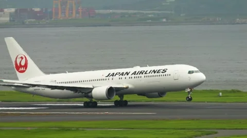 4K JAL Boeing 767-300ER JA657J Taking Off at Tokyo Haneda Airport Japan Stock Footage 342019908