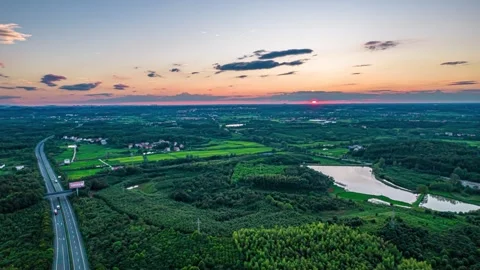 4K Jianghan Plain Mountain Range Sunset Glow Aerial Timelapse Stock Footage 346700863