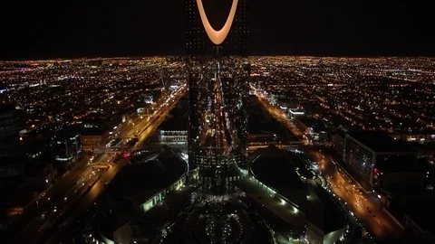 4k kingdom tower riyadh saudi arabia at night drone shot Stock Footage 110809559