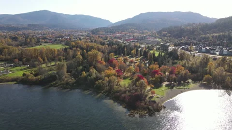 4K Lake Park Beach, Sunny Weather, Fall Colors, Drone/Aerial Dolly Backwards Stock Footage