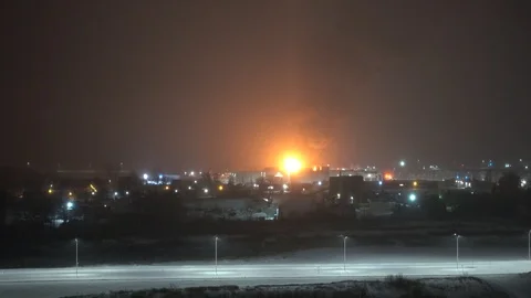 4K Large Flames Burning In Building At Night Stock Footage 88881986