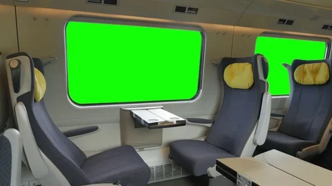 4K Large Green Window, Passenger Train Carriage Car Travel, Empty Seats Chroma Stock Footage 83352687