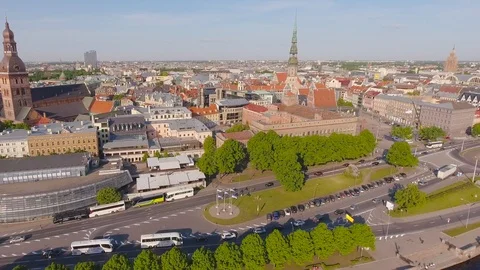 4K Latvia Riga old town architecture and embankment of river aerial view. Видео 107299519