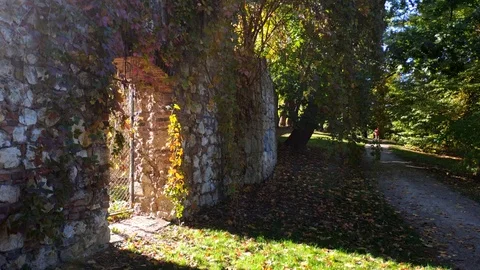 4k leaves fall , enter to castle Stock Footage