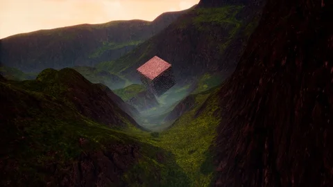 4K Levitating Extraterrestrial Cube in Mountain Valley Cinematic 3D Animation Stock-Footage 87553023