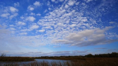 4K Light clouds in the blue sky over the lake. Windy autumn sky. Stock Footage 97040022