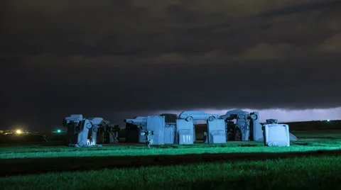 4K Lightning Storm Over Carhenge Stonehenge Replica Stock Footage