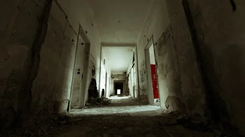 4K linear tracking inside a scary abandoned corridor of an evacuated building Video stock 53370459