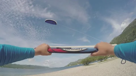 4K Little boy is learning to control a kite, POV Video stock 64728960