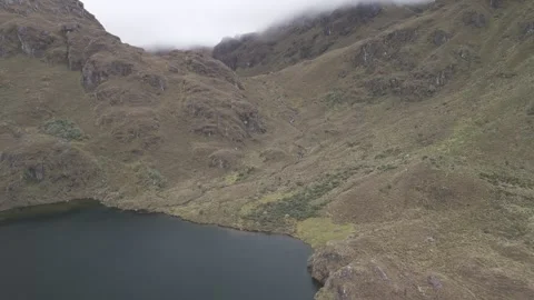 4K Log Drone Flying up to Brown Valley with Clouds and a stream Cuenca Ecuador Stock Footage 277210963