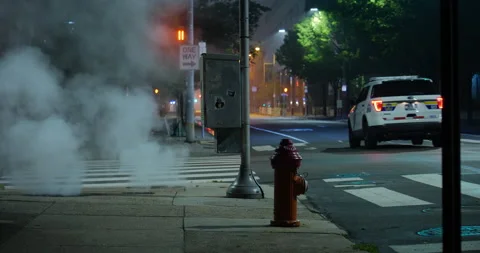 4K LONG SHOT OF EMPTY CITY STREET AT NIGHT WITH COP CAR Stock Footage 131109404