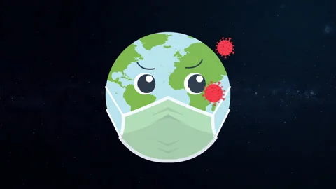 4K Loop Animation Cute Earth Afraid from the Coronavirus that surrounds it Stock Footage 155561167