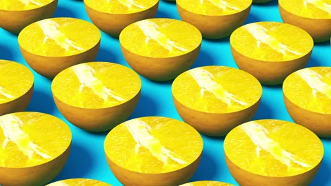 4K Loop Animation of Sliced Orange Fruit on Blue Background Stock Footage 127588350