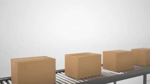 4K Loop Cardboard boxes on conveyor belt line isolated on white grey background. Stock Footage 201348444