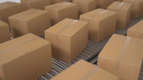 4K Loop Cardboard boxes on conveyor belt line isolated on white grey background. Stock Footage 201348508