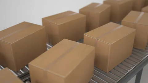 4K Loop Cardboard boxes on conveyor belt line isolated on white grey background. Stock Footage 201348527