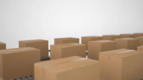 4K Loop Cardboard boxes on conveyor belt line isolated on white grey background. Stock Footage 201854846