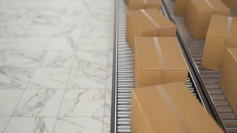 4K Loop Cardboard boxes on conveyor belt line isolated on white grey background. Stock Footage 204016495