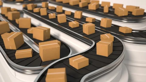 4K Loop Cardboard boxes on conveyor belt line isolated on white grey background. Stock-Footage 221614450