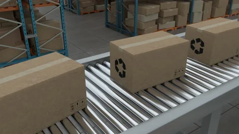 4K Loop Cardboard boxes on conveyor belt line isolated on warehouse background Stock Footage 229625580