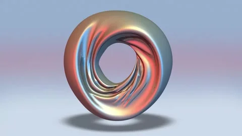 4K loop of a glossy chrome torus with fluid twists on a soft gradient background Stock Footage 321971770