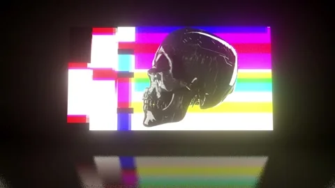 4K Loop rotate skull is displayed on a screen with glitch effects Video stock 293951607